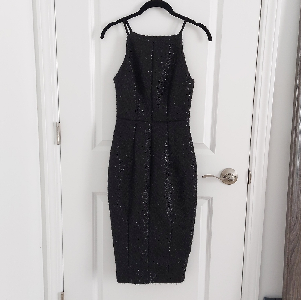Sleeveless Black Dress Fitted Waist Pencil Skirt Sparkle Texture Prom Cocktail